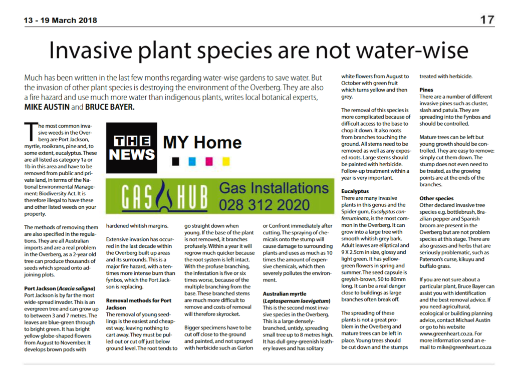 Invasive plant species that are not water-wise in the Overberg area. Publication in the Village News